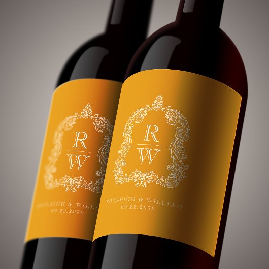  Monogram Crest Marigold Yellow Wedding Wijn Etiket