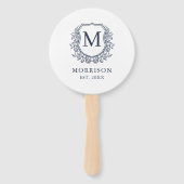 Monogram Crest Marine Blauw Botanische Huwelijk Handwaaier (Achterkant)
