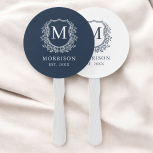 Monogram Crest Marine Blauw Botanische Huwelijk Handwaaier