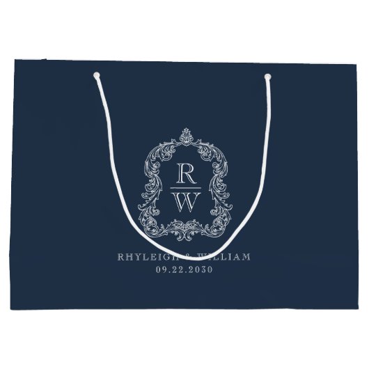 Monogram Crest Marine Blauwe Huwelijk Groot Cadeauzakje (Achterkant)