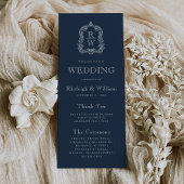 Monogram Crest Marine Blauwe Huwelijk Programmakaart