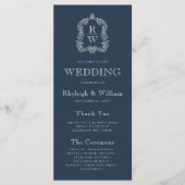 Monogram Crest Marine Blauwe Huwelijk Programmakaart (Voorkant)