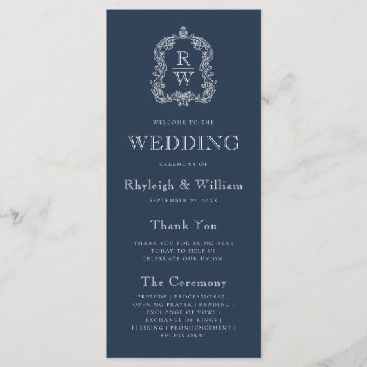 Monogram Crest Marine Blauwe Huwelijk Programmakaart (Voorkant)