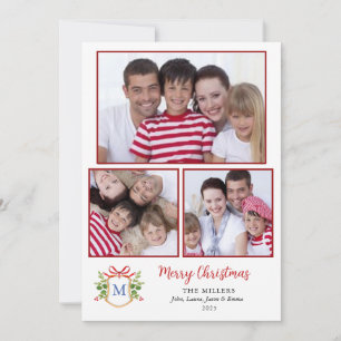 Monogram Crest Meerdere foto Kerstmis Groeten Feestdagenkaart