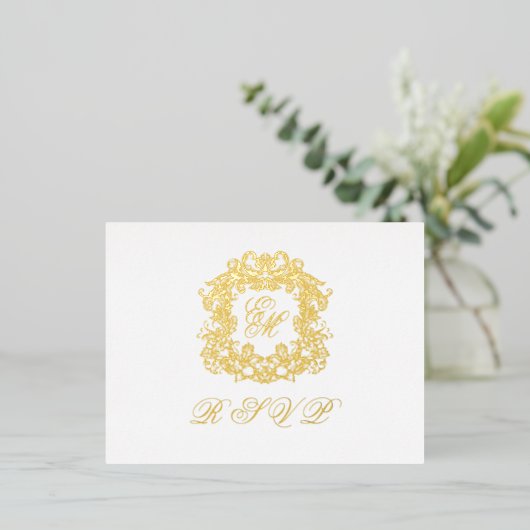 Monogram Crest Menu Trouwen Gold Folie RSVP Kaart (Staand Voorkant)