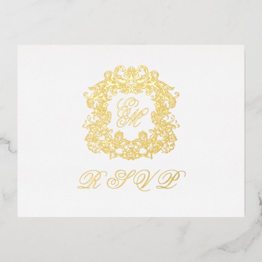 Monogram Crest Menu Trouwen Gold Folie RSVP Kaart (Voorkant)