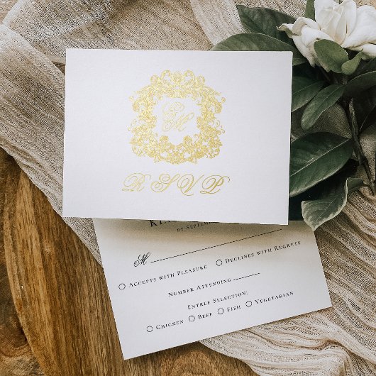 Monogram Crest Menu Trouwen Gold Folie RSVP Kaart