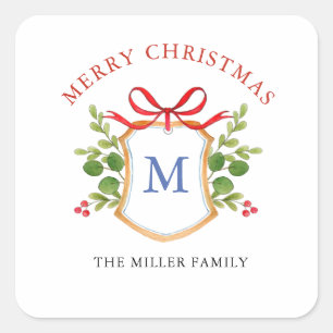 Monogram Crest met groen Holidays Vierkante Sticker