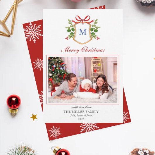 Monogram Crest met groen Kerstvakantie Feestdagenkaart