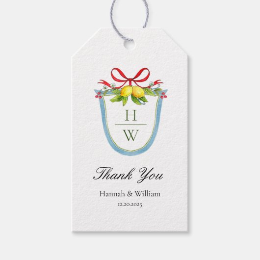 Monogram Crest met Lemons Wedding Bedankt Cadeaulabel (Voorkant)