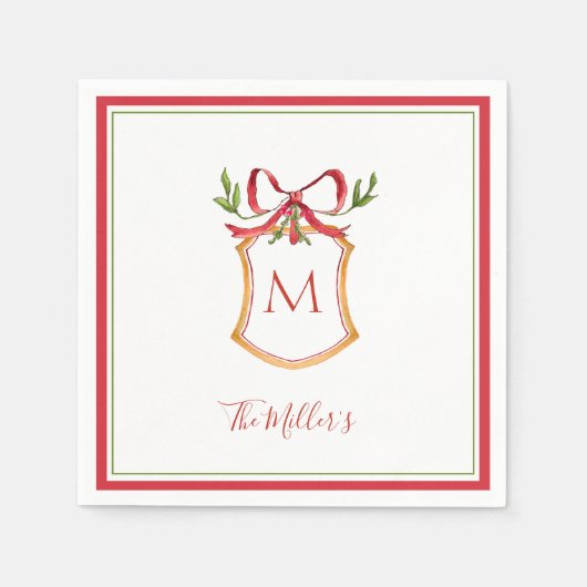 Monogram Crest met rode strik Kerst  Servet (Voorkant)