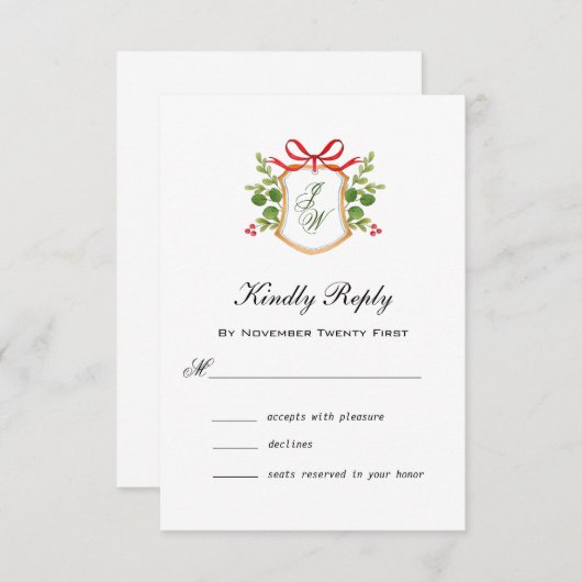 Monogram Crest met wintergroen RSVP (Voorkant / Achterkant)