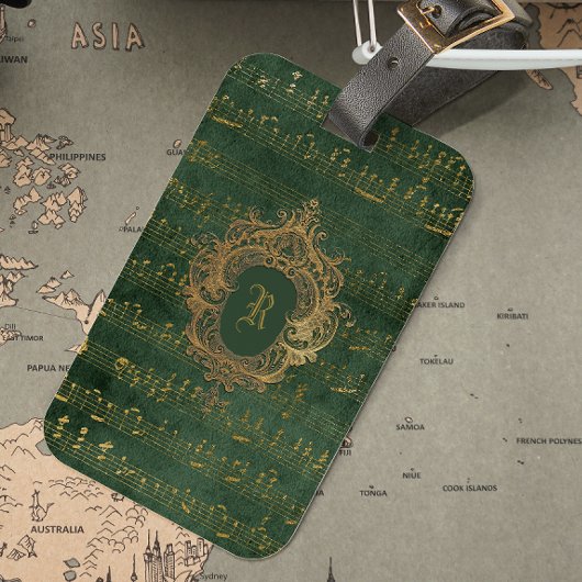  Monogram Crest Music Manuscript Groen Goud Bagagelabel