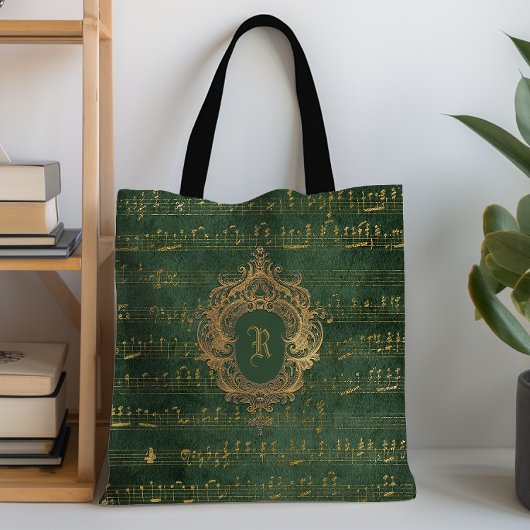  Monogram Crest Music Manuscript Groen Goud Tote Bag