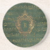  Monogram Crest Music Manuscript Groen Goud Zandsteen Onderzetter (Voorkant)