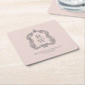  Monogram Crest Namen Blush Roze Huwelijk Kartonnen Onderzetters (Schuin)