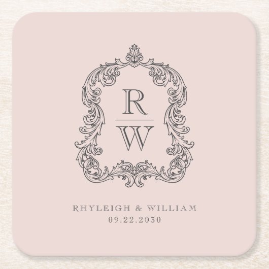  Monogram Crest Namen Blush Roze Huwelijk Kartonnen Onderzetters (Voorkant)