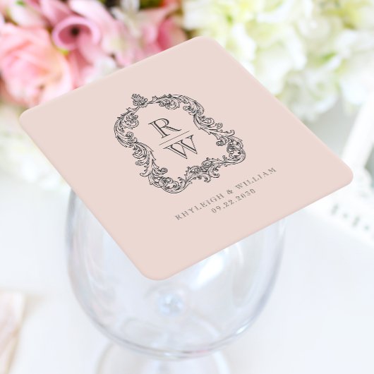  Monogram Crest Namen Blush Roze Huwelijk Kartonnen Onderzetters
