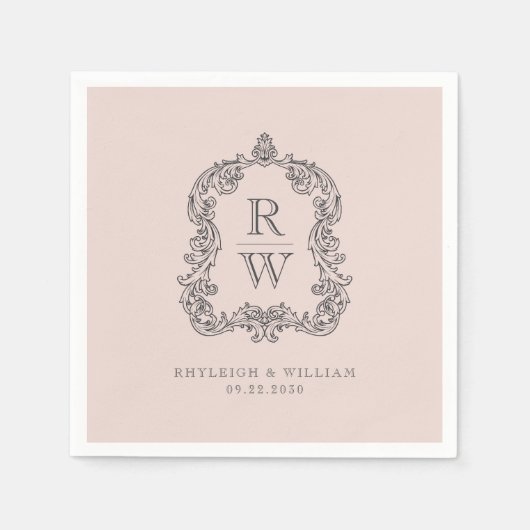 Monogram Crest Namen Blush Roze Huwelijk Servet (Voorkant)