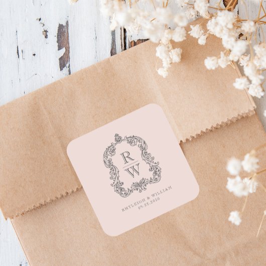 Monogram Crest Namen Blush Roze Huwelijk Vierkante Sticker