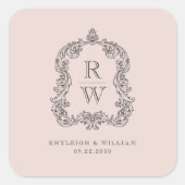 Monogram Crest Namen Blush Roze Huwelijk Vierkante Sticker (Voorkant)