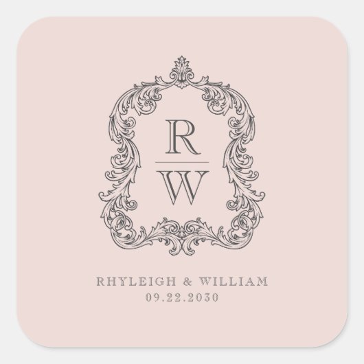 Monogram Crest Namen Blush Roze Huwelijk Vierkante Sticker (Voorkant)