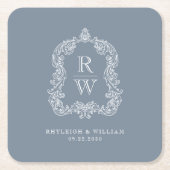  Monogram Crest Namen Dusty Blue Wedding Kartonnen Onderzetters (Voorkant)