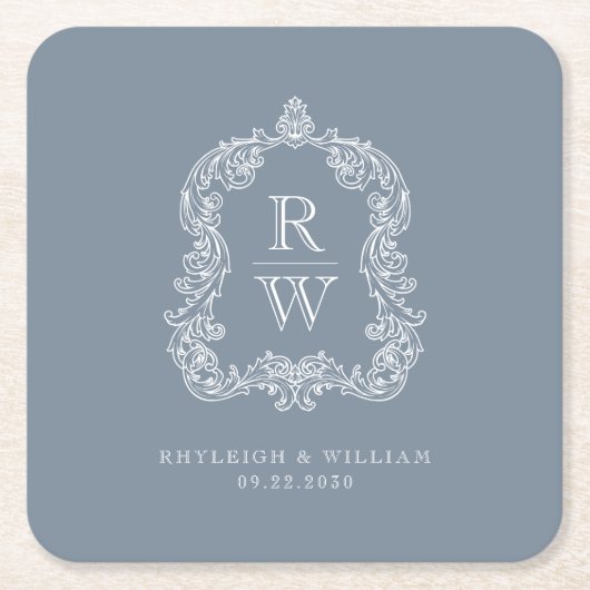  Monogram Crest Namen Dusty Blue Wedding Kartonnen Onderzetters (Voorkant)