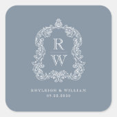  Monogram Crest Namen Dusty Blue Wedding Vierkante Sticker (Voorkant)
