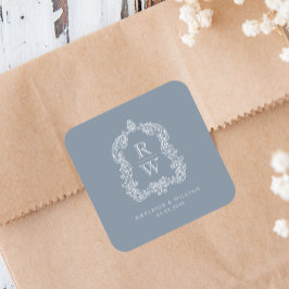  Monogram Crest Namen Dusty Blue Wedding Vierkante Sticker