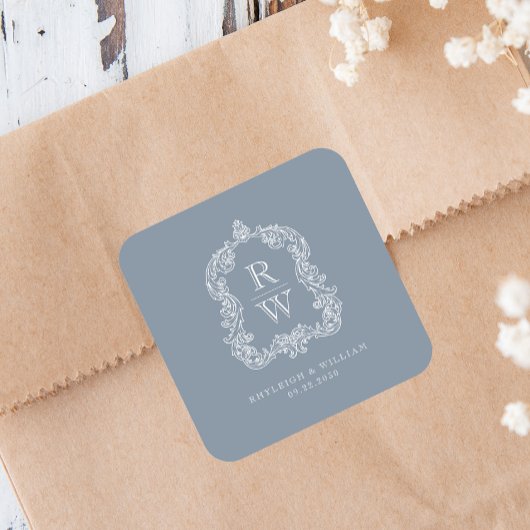  Monogram Crest Namen Dusty Blue Wedding Vierkante Sticker