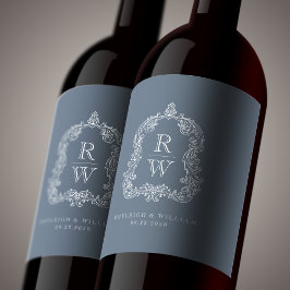  Monogram Crest Namen Dusty Blue Wedding Wijn Etiket