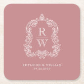  Monogram Crest Namen Dusty Roos Wedding Kartonnen Onderzetters (Voorkant)