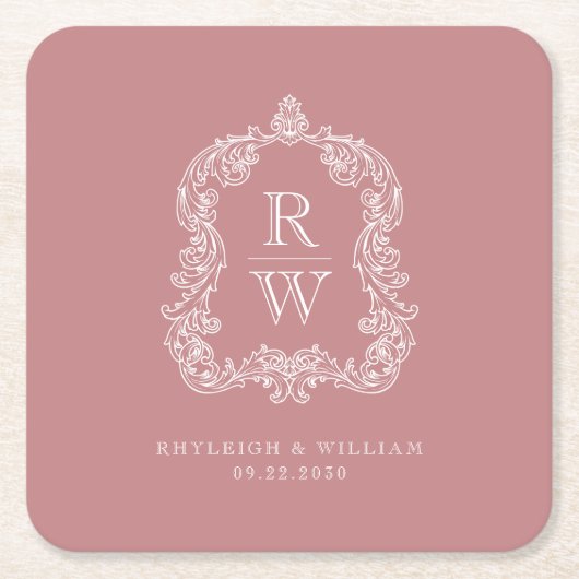  Monogram Crest Namen Dusty Roos Wedding Kartonnen Onderzetters (Voorkant)