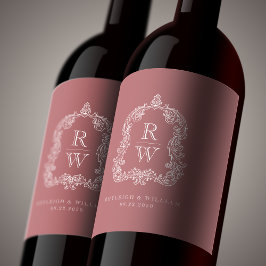  Monogram Crest Namen Dusty Roos Wedding Wijn Etiket