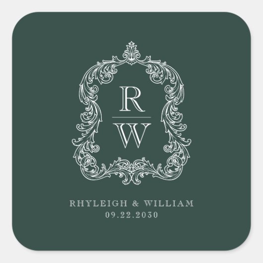 Monogram Crest Namen Forest Green Wedding Vierkante Sticker (Voorkant)