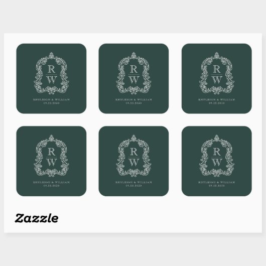  Monogram Crest Namen Forest Green Wedding Vierkante Sticker (Vel)