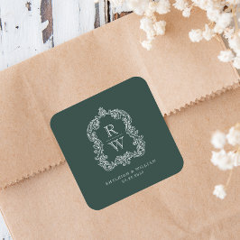  Monogram Crest Namen Forest Green Wedding Vierkante Sticker