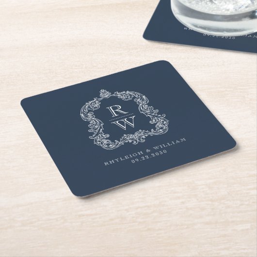 Monogram Crest Namen Navy Blue Wedding Kartonnen Onderzetters (Schuin)