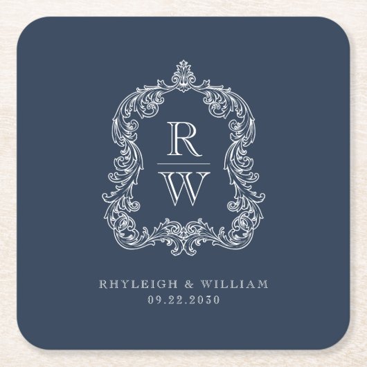  Monogram Crest Namen Navy Blue Wedding Kartonnen Onderzetters (Voorkant)