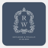  Monogram Crest Namen Navy Blue Wedding Vierkante Sticker (Voorkant)