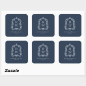  Monogram Crest Namen Navy Blue Wedding Vierkante Sticker (Vel)