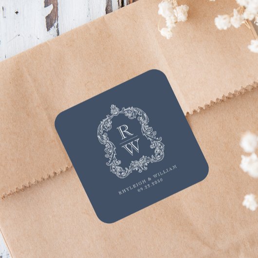  Monogram Crest Namen Navy Blue Wedding Vierkante Sticker