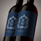 Monogram Crest Namen Navy Blue Wedding Wijn Etiket