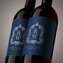  Monogram Crest Namen Navy Blue Wedding Wijn Etiket