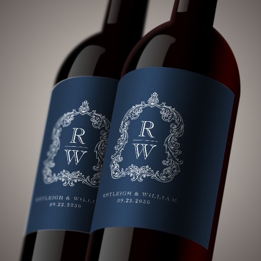  Monogram Crest Namen Navy Blue Wedding Wijn Etiket