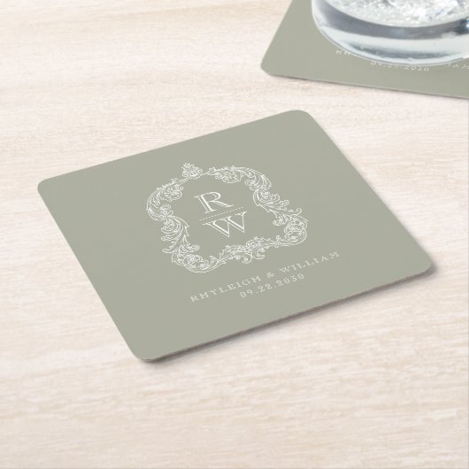  Monogram Crest Namen Sage Green Wedding Kartonnen Onderzetters (Schuin)