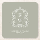  Monogram Crest Namen Sage Green Wedding Kartonnen Onderzetters (Voorkant)