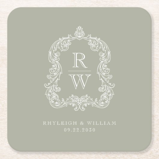  Monogram Crest Namen Sage Green Wedding Kartonnen Onderzetters (Voorkant)