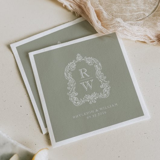 Monogram Crest Namen Sage Green Wedding Servet